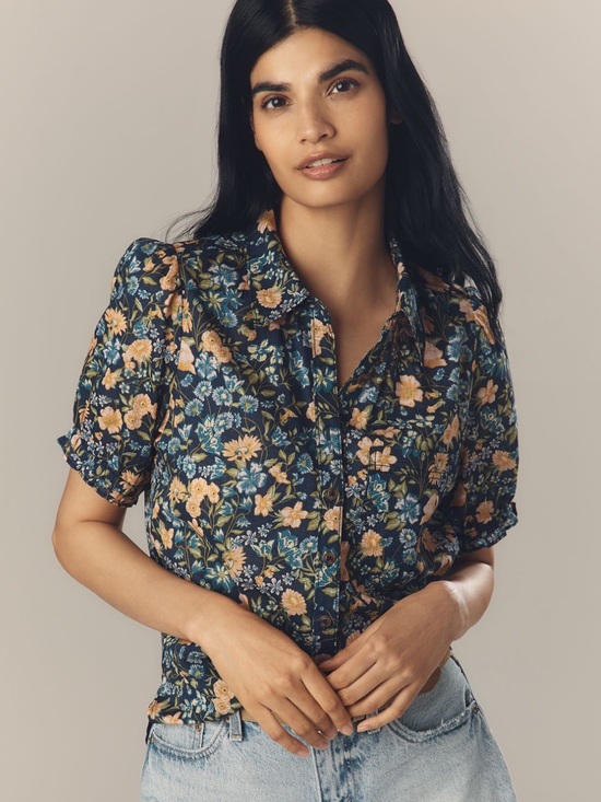 Pilcro Tops - Pilcro Anthropologie Aly Puff-Sleeve Shirt in Navy Floral size M